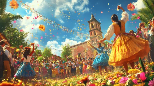Sunlit village fiesta swirling in petals and dancing skirts.