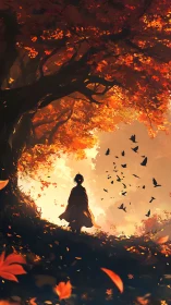 Quiet autumn wanderer beneath a sky of rising birds.