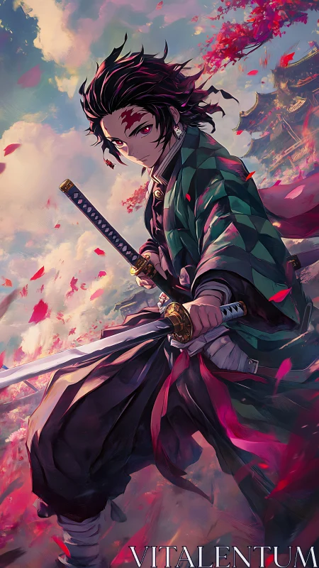 Blade-lit sky dance of a lone anime swordsman in bloom.