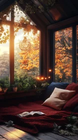 Photorealistic autumn window nook with warm ambient lighting.