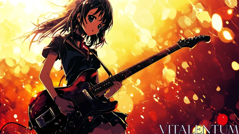 Anime guitarist silhouette under blazing concert lights.