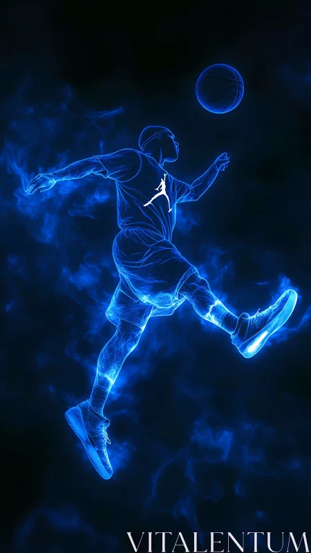 Neon blue outline of basketball player in midair motion.