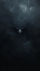 Dark raven beak emerging from swirling shadowed mist.