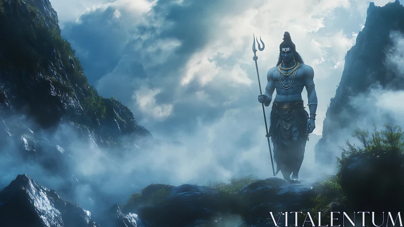 Mythic blue deity in misted mountain pass rendered digitally