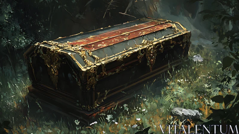 Ornate stone sarcophagus lying abandoned in forest clearing.