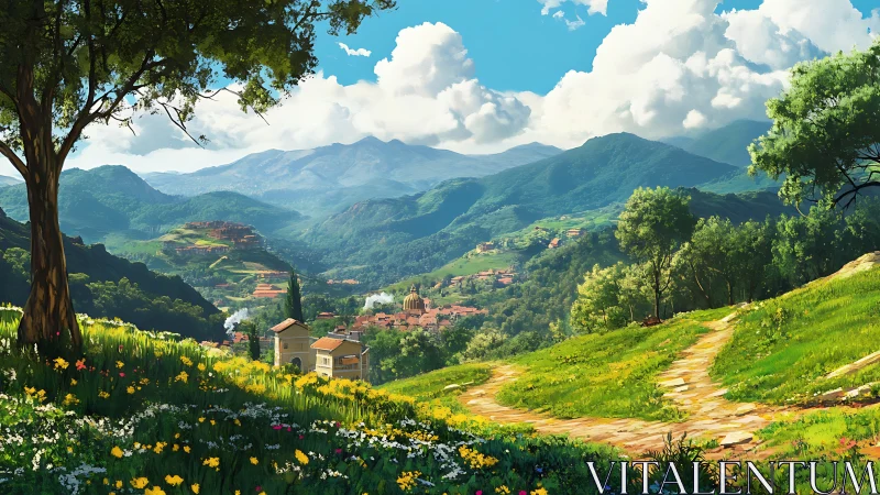 Sunny hillside path above colorful village in green valley.