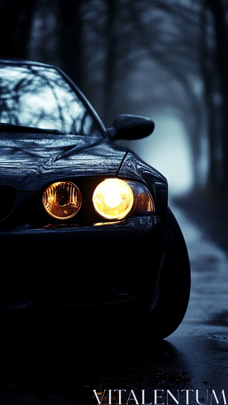 Moody night drive with glowing headlights on a rainy road.