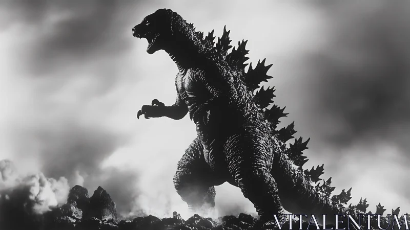 Monochrome kaiju silhouette with atmospheric volumetric fog.