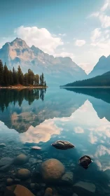 Mountain lake surface reflects peaks, clouds and shoreline trees