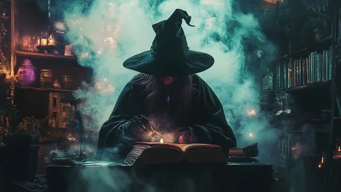 Mystic witch conjures spells over a glowing arcane grimoire.