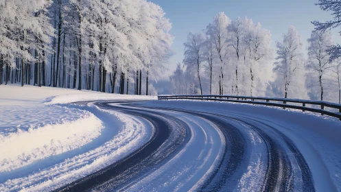 Sweeping winter road curving through frosted forest landscape.