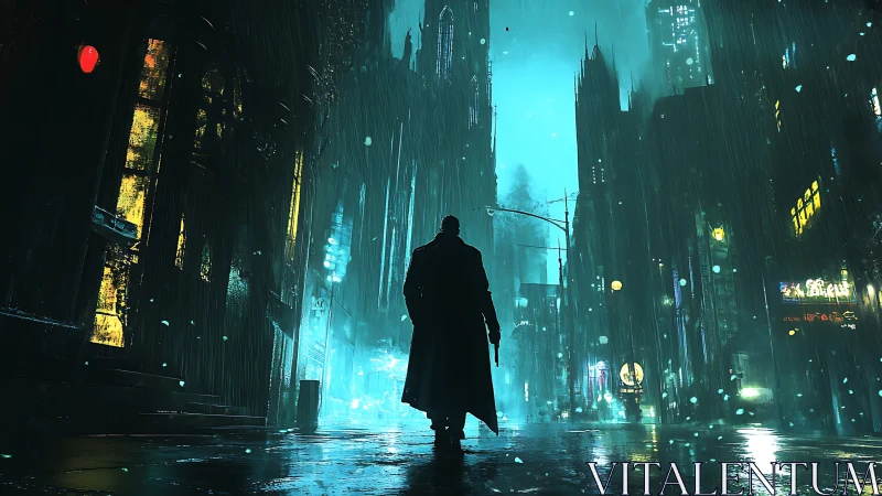 Lone figure strides through neon rain in a brooding city