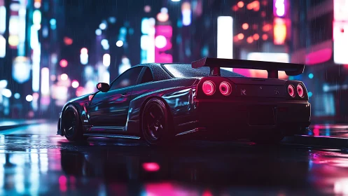 Neon‑lit tuner coupé under nocturnal rain, rear perspective.