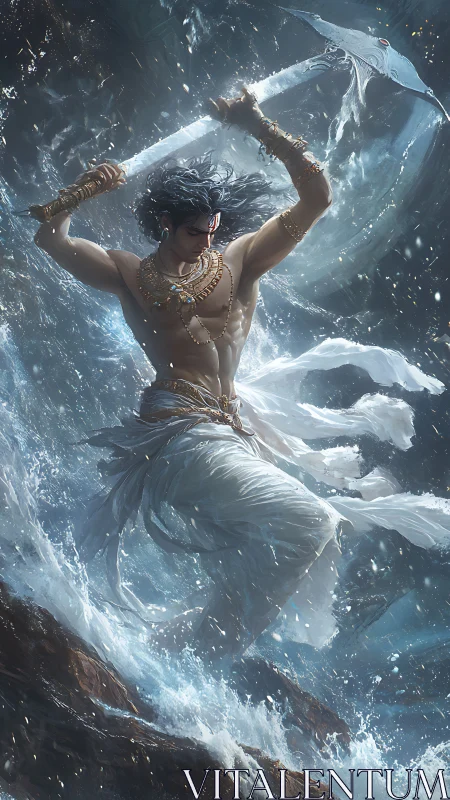 Mythic warrior cleaves turbulent ocean vortex with luminous axe