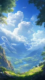 Sunlit mountain valley opens into a peaceful, endless horizon