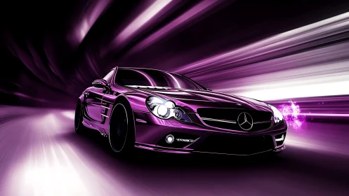 Sleek purple sports car glides through glowing neon speed tunnel