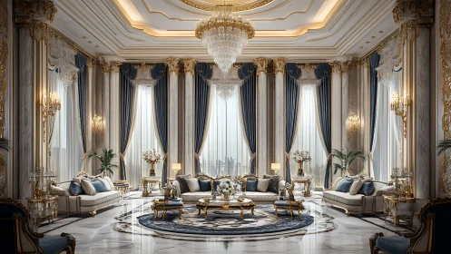 Large neoclassical living room with chandeliers and sofas.