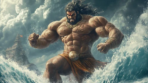 Colossal warrior strides through stormy ocean waves decisively.