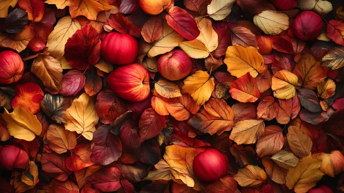 Cozy red apples nestled in a blanket of autumn leaves.