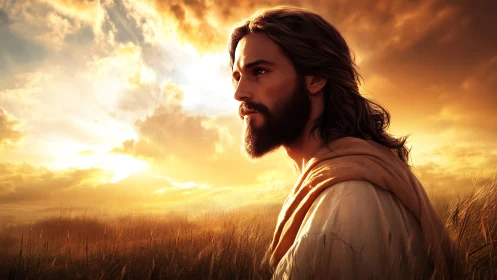 Gentle robed figure walking through a golden evening field.