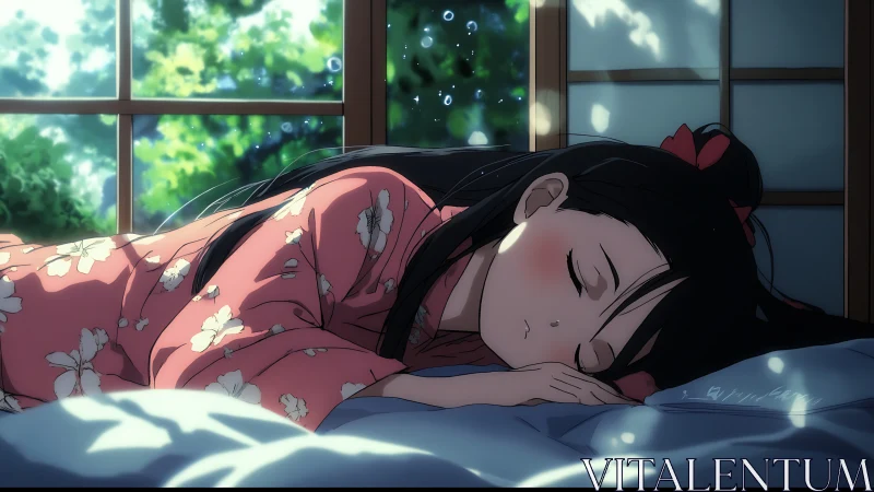 Summer afternoon nap in yukata beside shoji-lit window