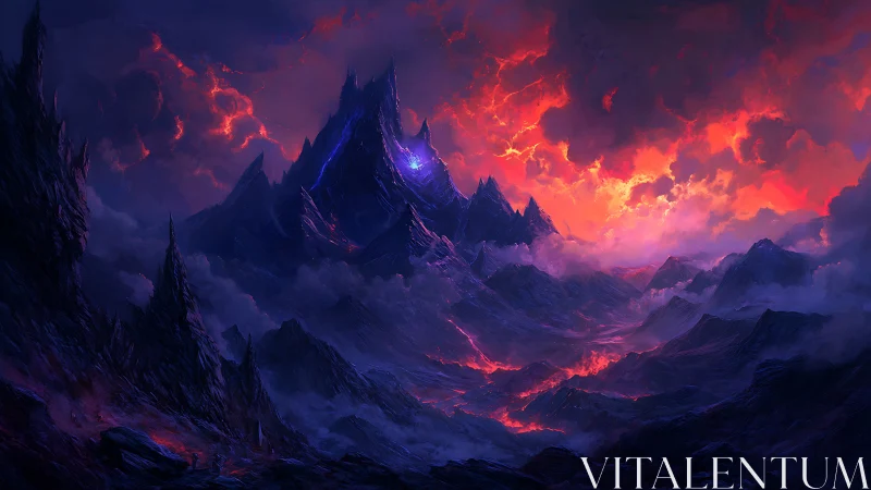 Volcanic spire dominates infernal twilight mountain range.