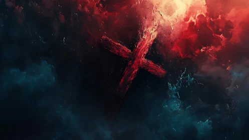 Textured red cross floats in turbulent red and teal atmospheric clouds