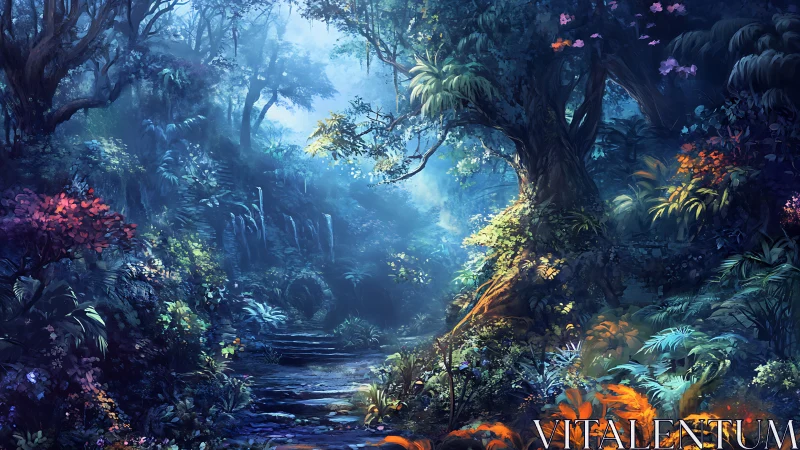 Mystical forest landscape with luminescent vegetation and waterway.