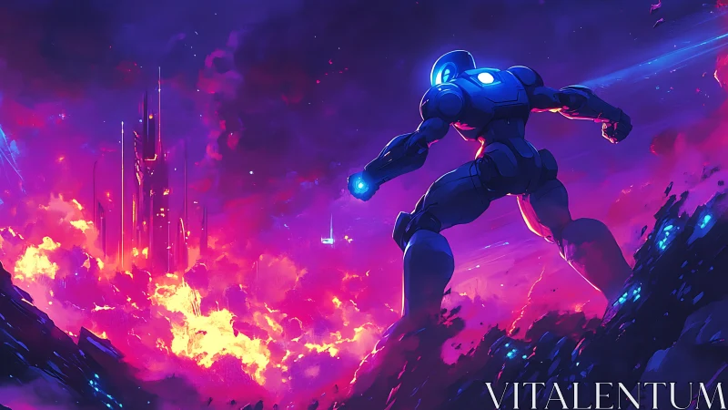 Neon storm sentinel strides toward burning cyber citadel.