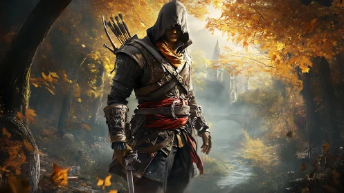 Hooded ranger in layered leather armor stalks autumn forest path