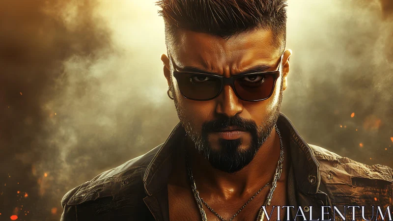 Cinematic tough hero portrait in smoky golden backlight.