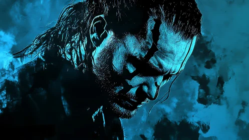 Digital painting portrait with cyan high-contrast chiaroscuro.