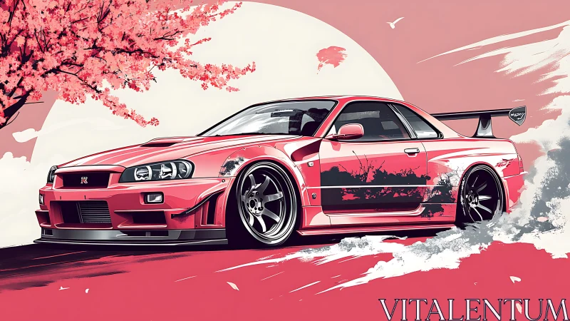 Drifting tuner car intersects sakura landscape in stylized sunset