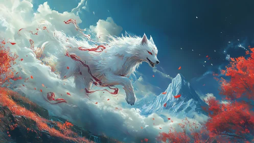 Mythic white wolf deities stride through clouds above alpine peak