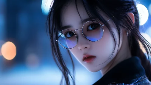 Soft city lights reflected in calm midnight glasses.