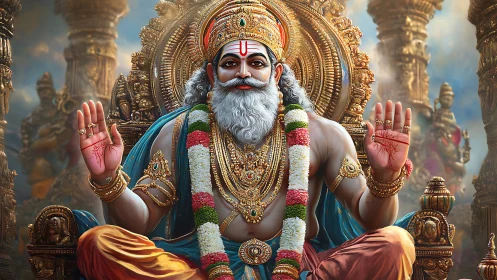 Regal sage of gold and garlands in celestial splendor.