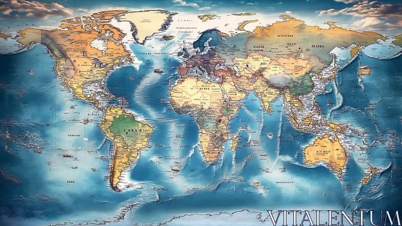 Color-rich world map celebrates global geography and travel