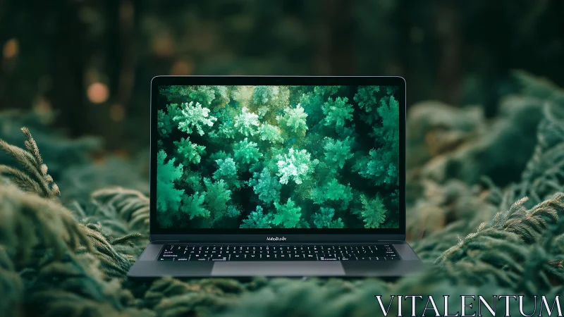 Laptop screen blends with lush forest canopy in soft focus.