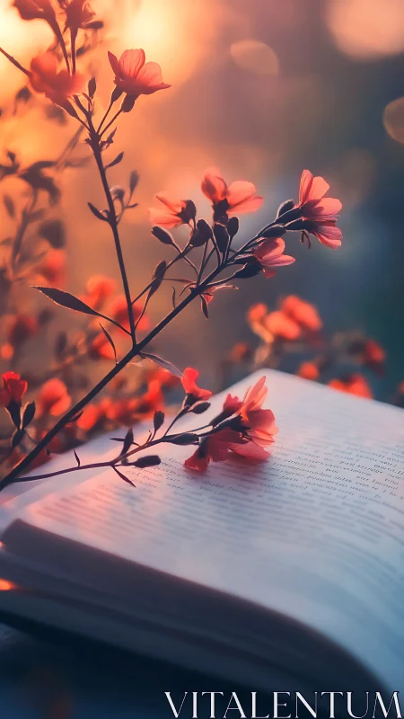 Red flowers and open book with warm backlit illumination.