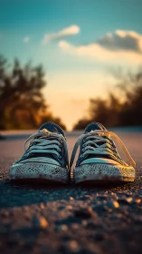 Pair of worn sneakers on asphalt road at sunset time.