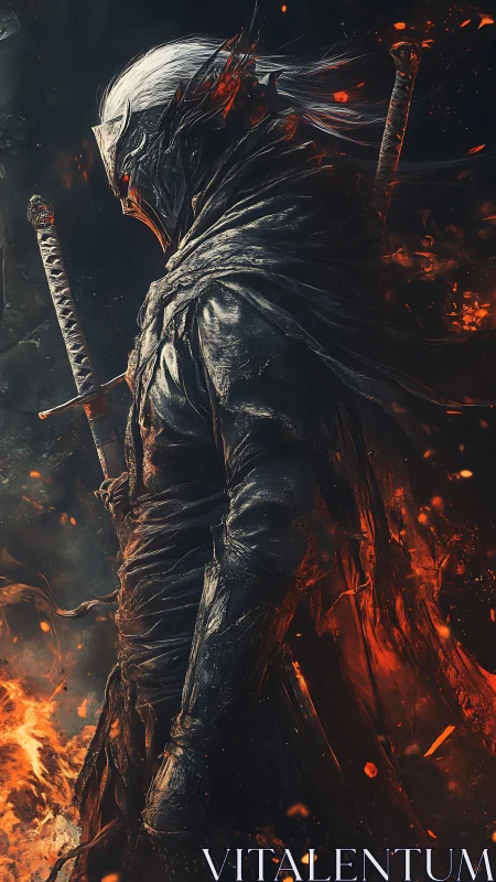 Fiery dark knight wandering through glowing embers of dusk.