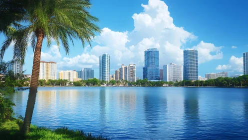 Sunlit skyline serenade across a glassy blue lakeshore.