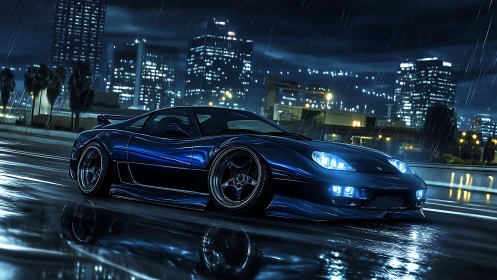 Low blue sports car on wet city street at rainy night.