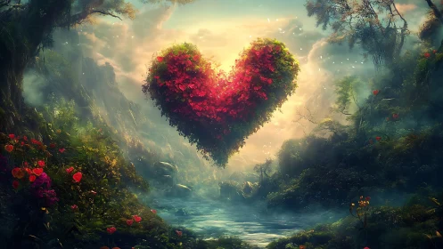 Heart-Shaped Island Blooms in Misty Forest Paradise.