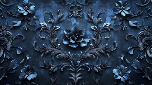 Ornate blue floral relief fills dark textured decorative wall