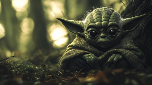 Cute green alien creature wrapped in blanket in forest.