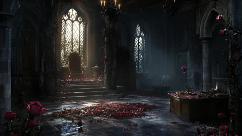 Gothic throne hall with scattered roses in digital painting focus.