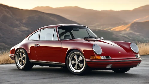 Classic red sports coupe gleams against sunlit hills.
