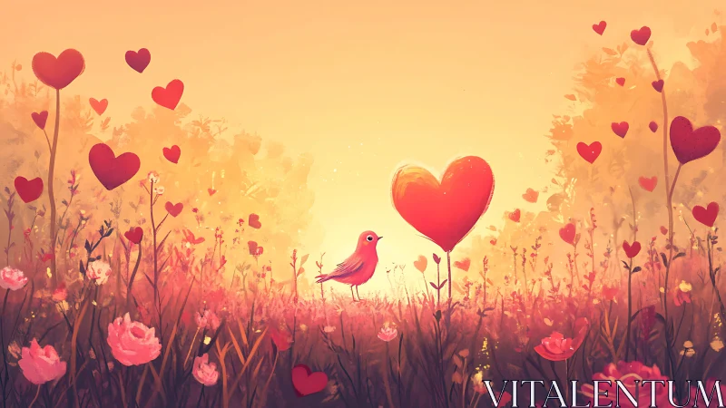 Bird in a field of stylized heart flowers in graduated warm tones.