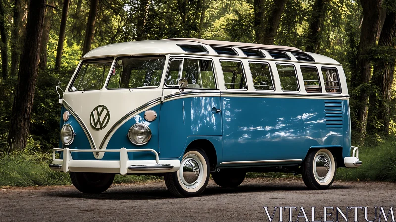 Restored Volkswagen T1 microbus in forest lighting geometry.